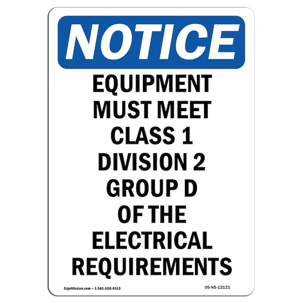 Safety Sign, OSHA Notice, 24" Height, Equipment Must Meet Class 1 Division Sign, Portrait